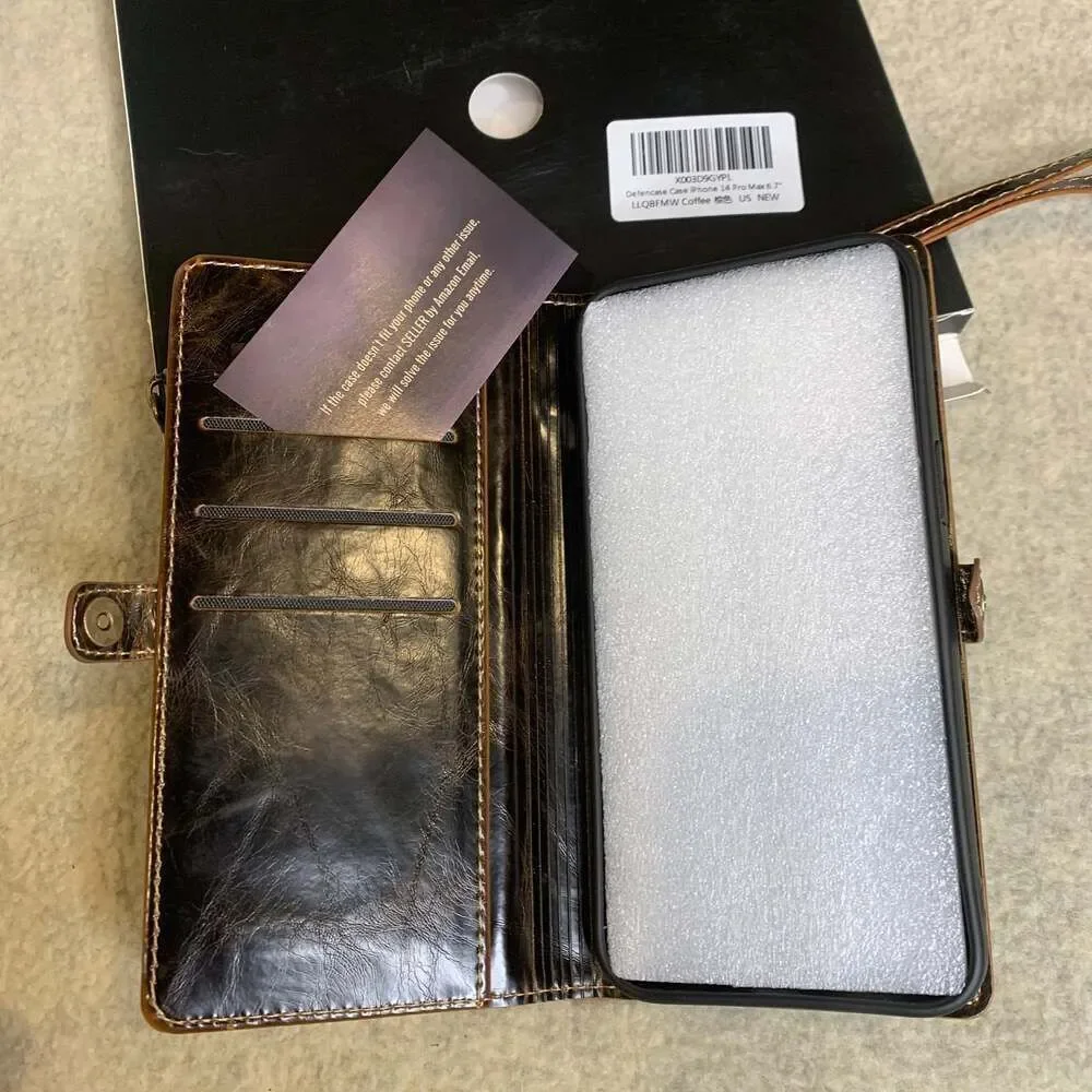 Defencase Brown Leather Wallet Case for iPhone 14 Pro Max with Zipper Pocket and